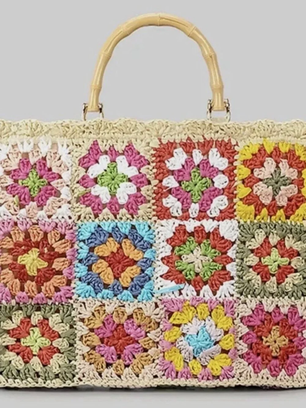 Handmade Crochet Straw Flower Boho Summer Beach Bag Floral Woven Light Raffia